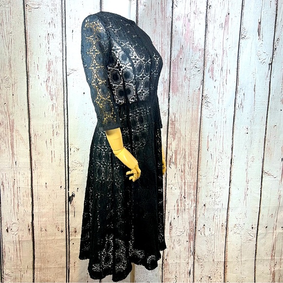 Vintage Dresses & Skirts - Vintage Crochet Floral Lace Black Sheer Cocktail Fit & Flare Dress SMALL EUC